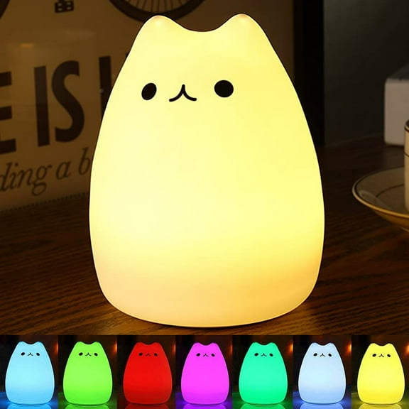 VONTER Portable LED Children Night Light Kids Multicolor Silicone Cat Lamp, Warm White &7-Color Breathing Dual Light Modes, Sensitive Tap Control for Baby Adults Bedroom,Decompression Toy Lighting