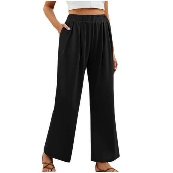 MIUOWANP Women's Elastic Waisted Pants with Pockets Solid Color Elastic Comfortable Home Wide Leg Pants Size S(4)Black