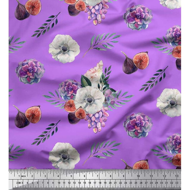 Soimoi Silk Fabric Fig,Succulent & Anemone Flower Print Fabric by Yard 42 Inch Wide