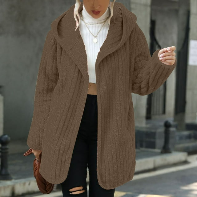 LSLJS Women Couleur Unie à Capuche Ample Double Face Peluche Sans Bouton Cardigan Jacket