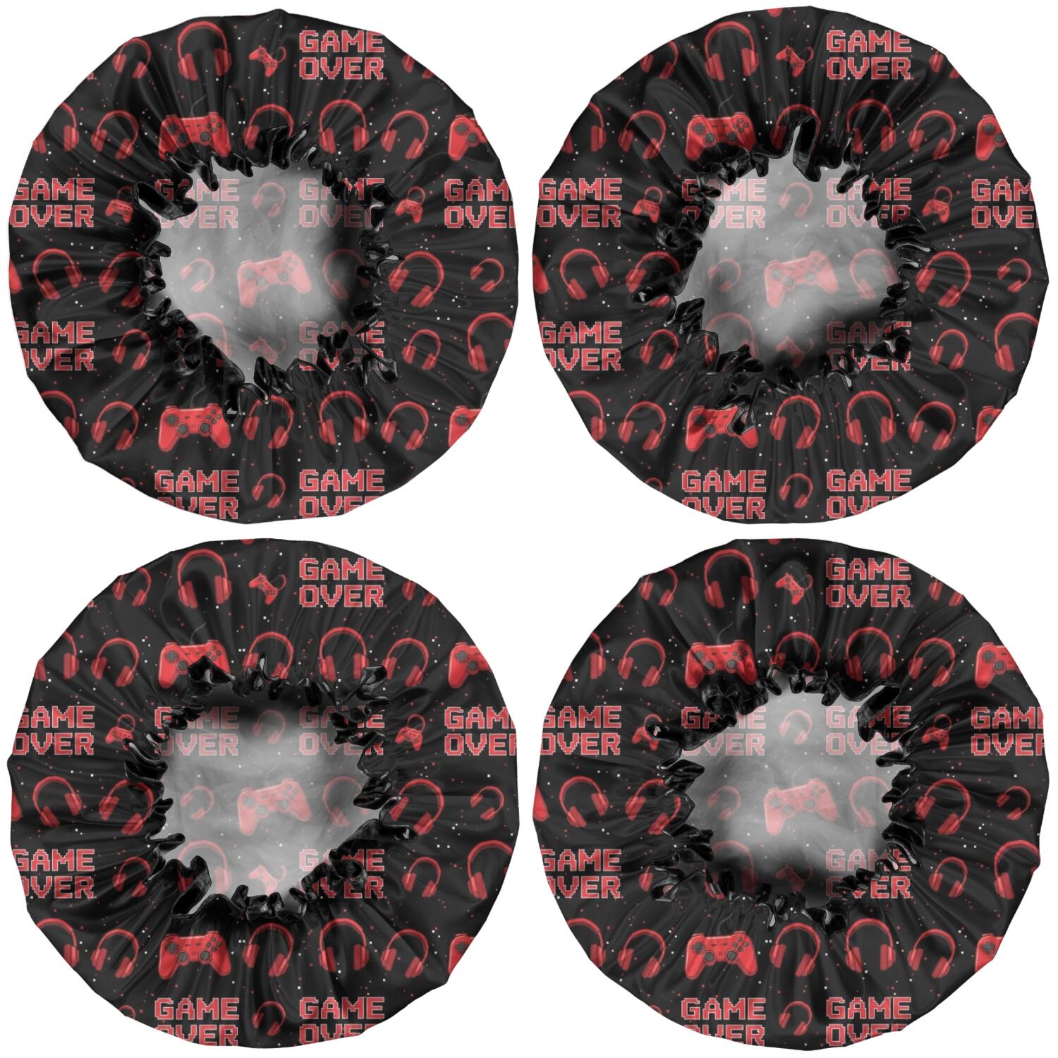 Shower Caps,Red Controllers Games Icons Black Pattern Waterproof Shower Cap for Women 4 Pieces,Double Reusable Hair Cover for Shower PEVA Elastic Stretch Hem