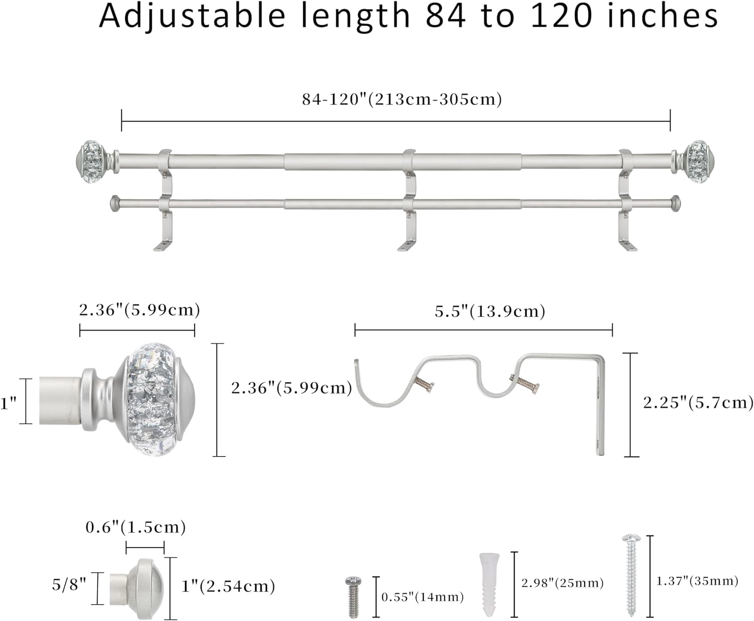 eTeckram 1" Double Curtain Rod with Leville Finials,Silver,84‘’-120‘’