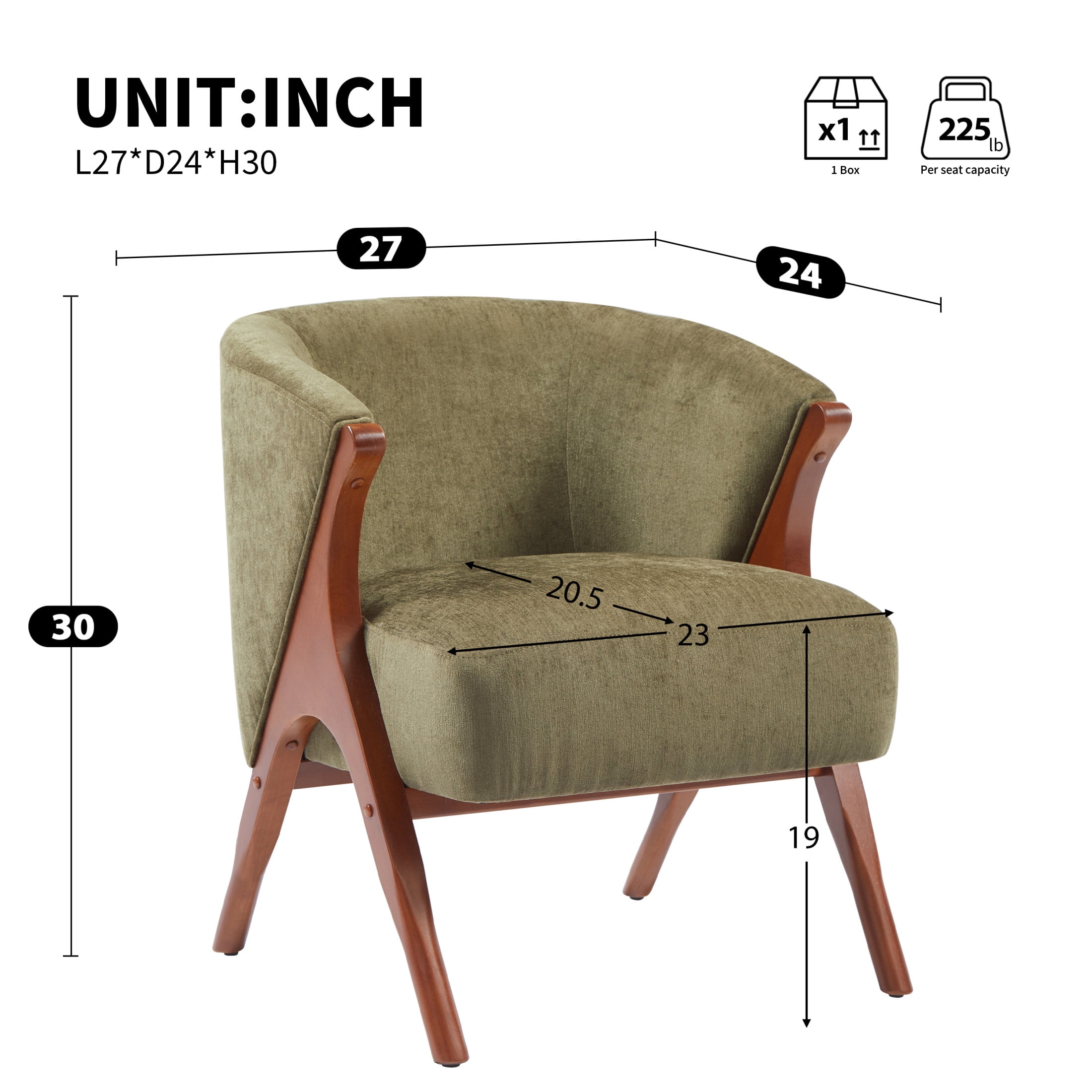 Noble House 27" Modern Accent Chair with Solid Wood Frame and Chenille Upholstered for Living Room, Walnut & Green