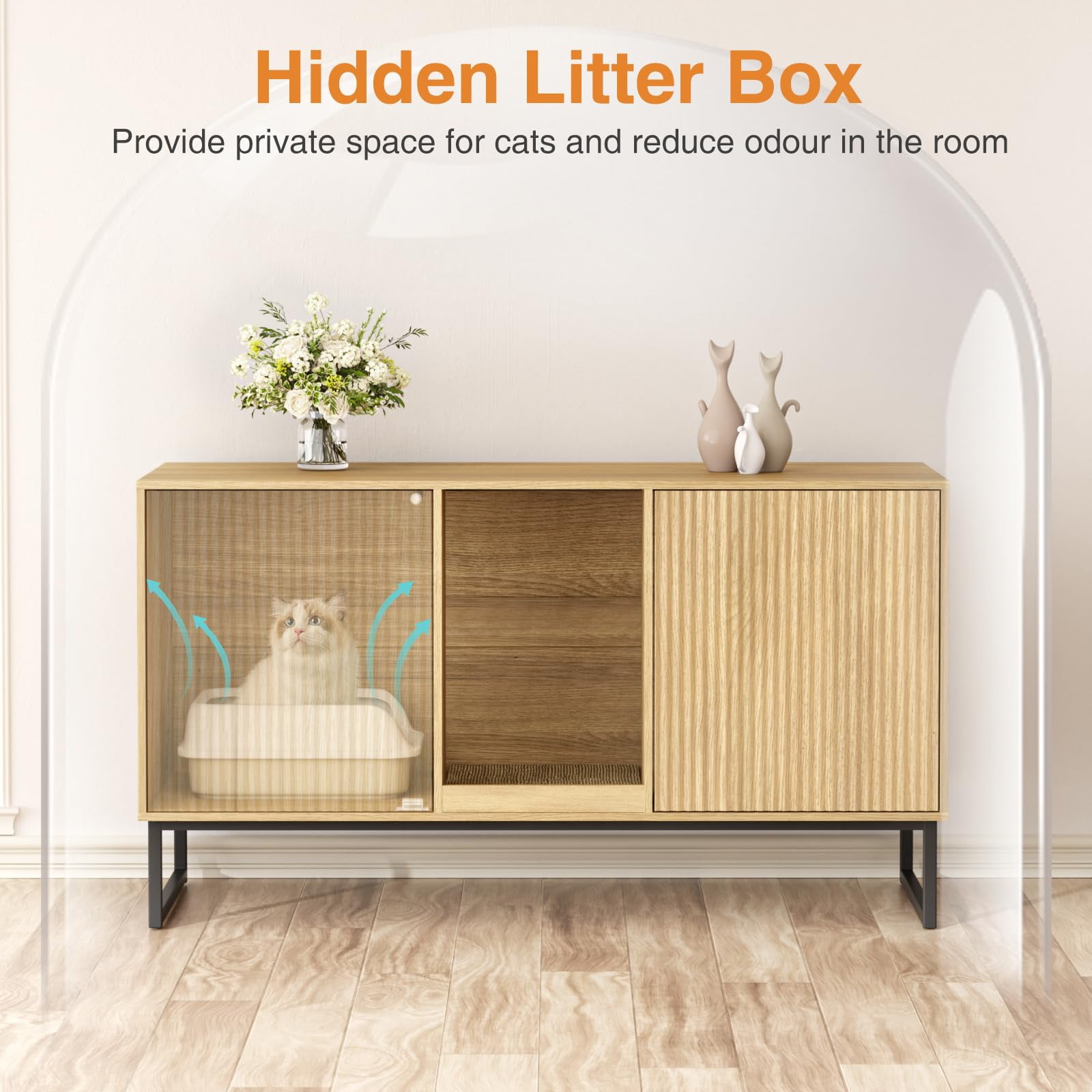 VEANERWOOD Cat Litter Box Enclosure with Hidden Entry and Two Cabinet Doors, Multi-Functional Cat Washroom
