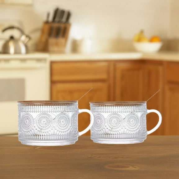 Vintage Coffee Mug, Overnight Oats Container with Bamboo Lid and Spoon - 14oz Clear Embossed Glass Cup, Cute Coffee Bar Accessory, Iced Coffee Cup, Perfect for Cappuccino and Latte, Set of 2