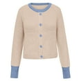 thumbnail image 4 of Wang6 Cropped Cardigan Sweaters for Women Causal Button Open Front Long Sleeve Knit Sweater Trendy Fall Winter Crew Neck Color Blocking Knitted Tops Outerwear Beige L, 4 of 5
