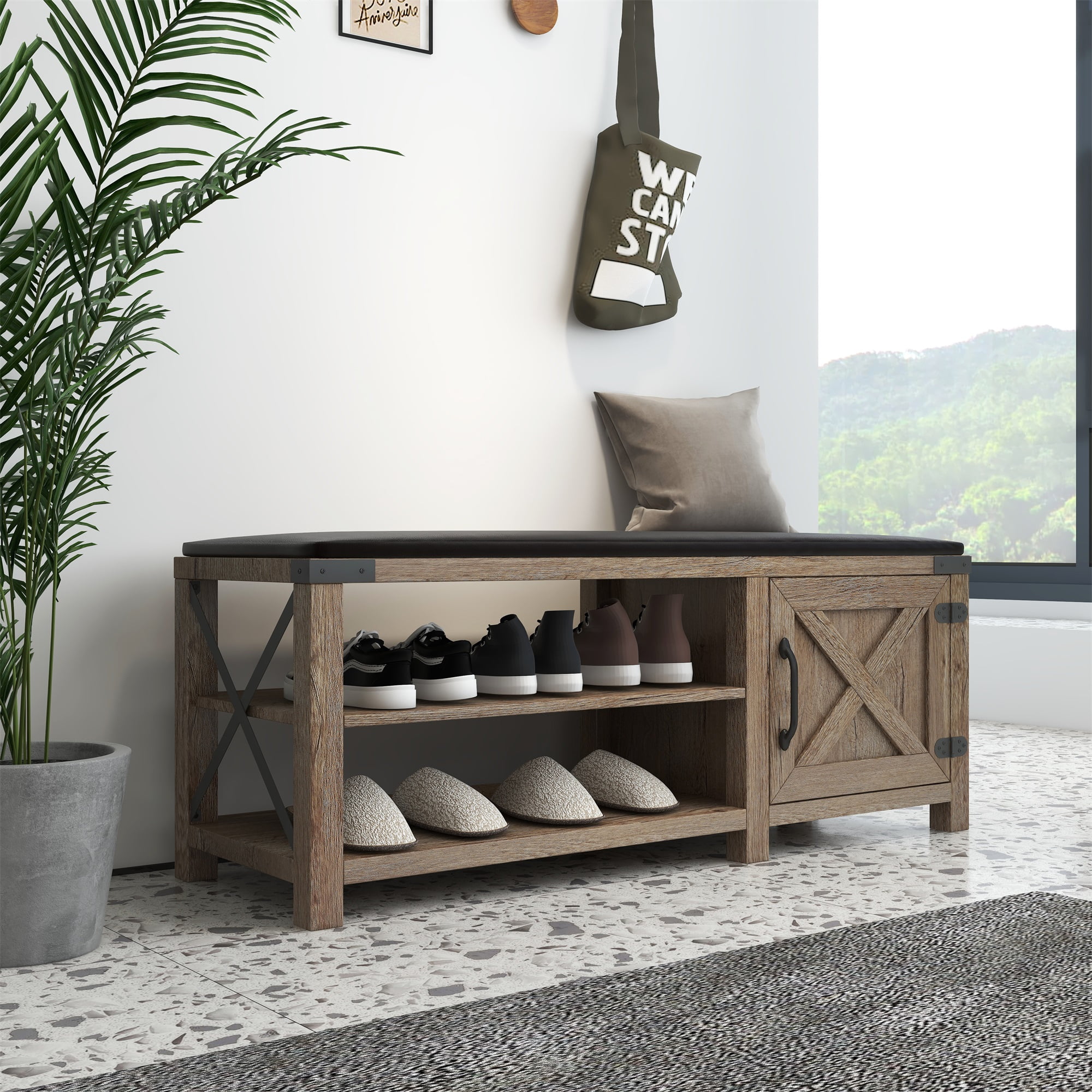 Kadyn 47.24" Modern Farmhouse Shoes Bench With Seat Cushion, Light Brown Kadyn 47.24" Modern Farmhouse Shoes Bench With Seat Cushion, Light Brown