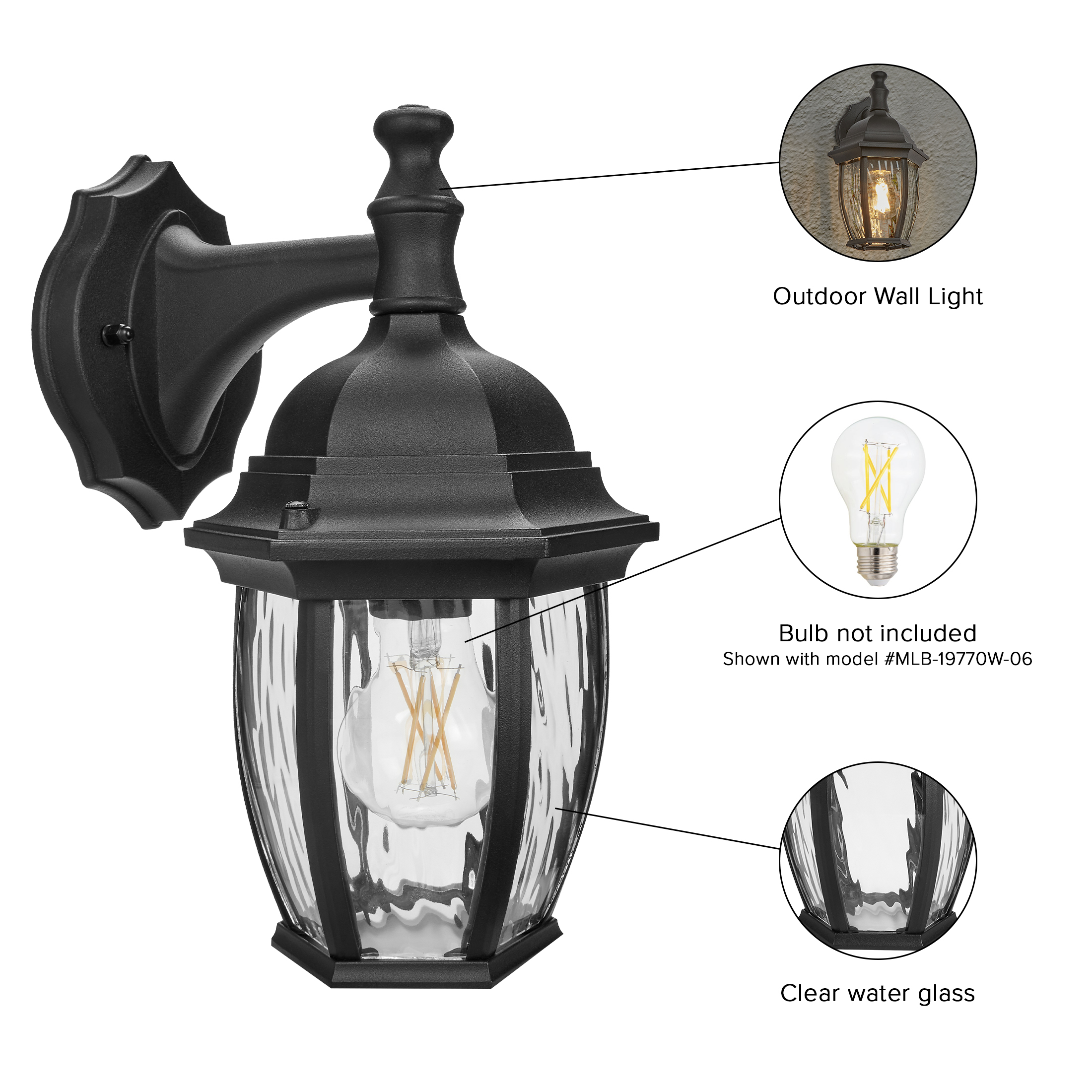 Maxxima Outdoor Wall Light, Black w/ Clear Water Glass, Exterior Porch Sconce Light, E26 Socket, Bulb Not Included