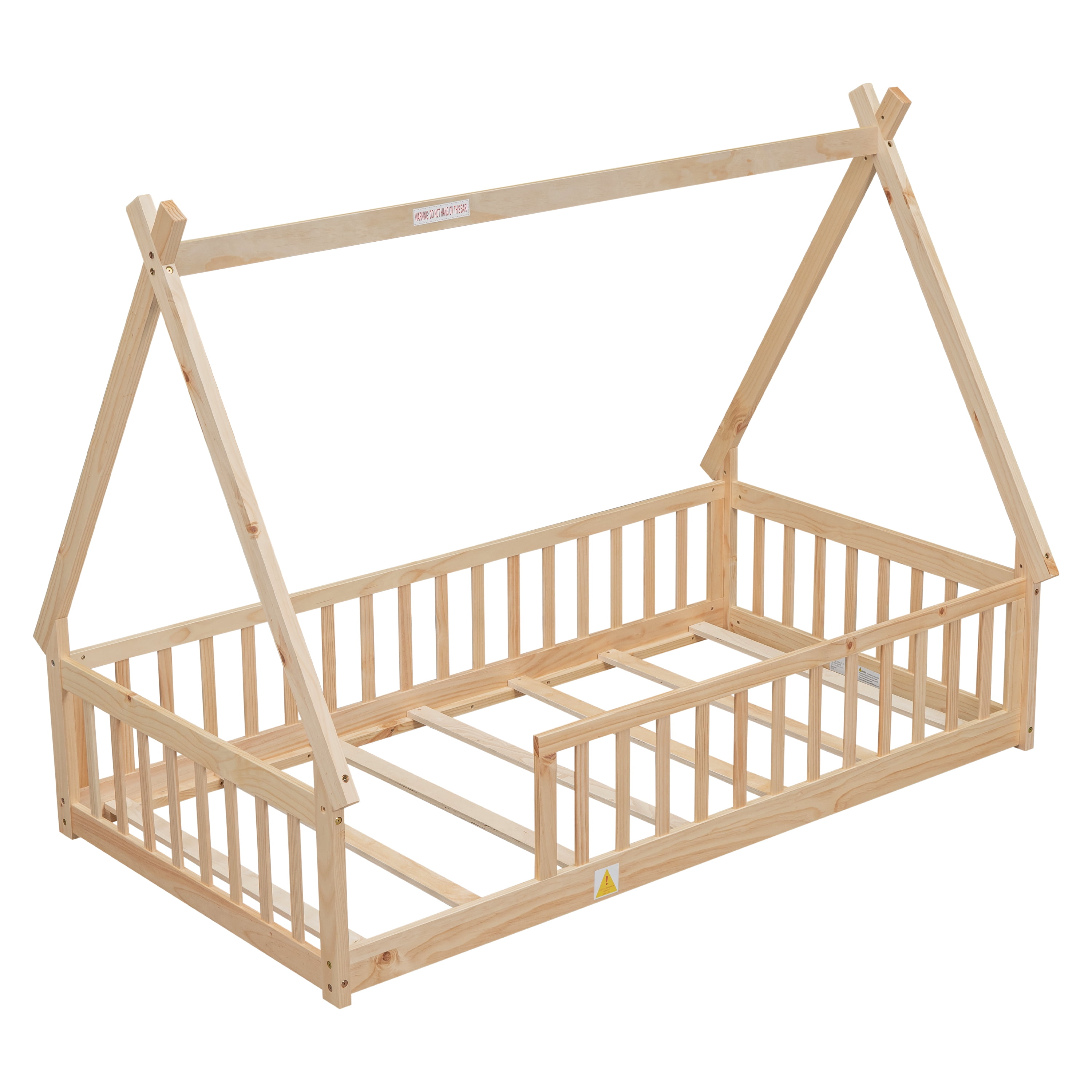 Twin Size House Floor Bed, Wood Montessori Bed Frame with Fence Guardrails, House Beds Frame (Twin,Natural)