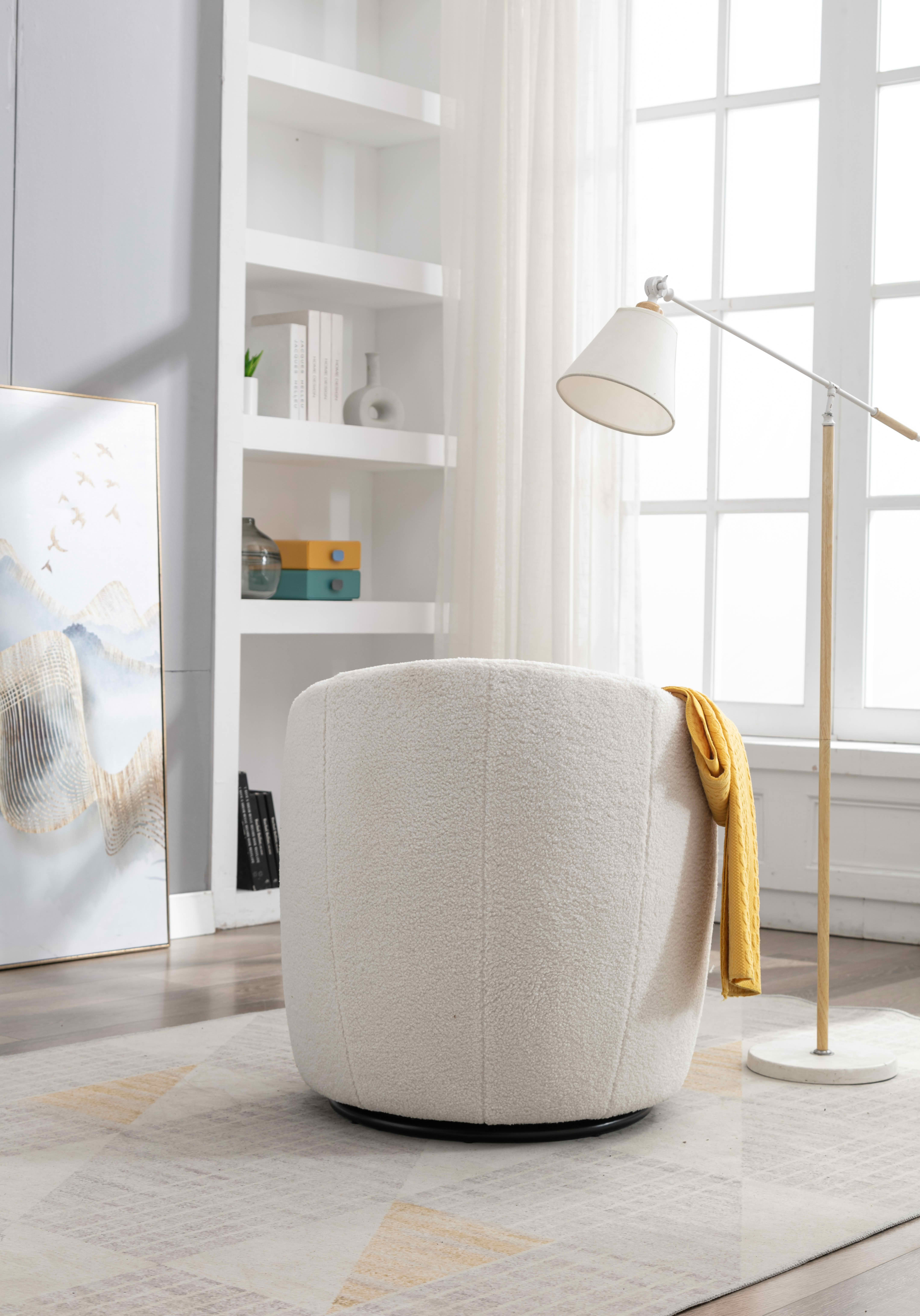 MAYEERTY Teddy Fabric Swivel Accent Armchair Barrel Chair, with Black Powder Coating Metal Ring, Ivory White