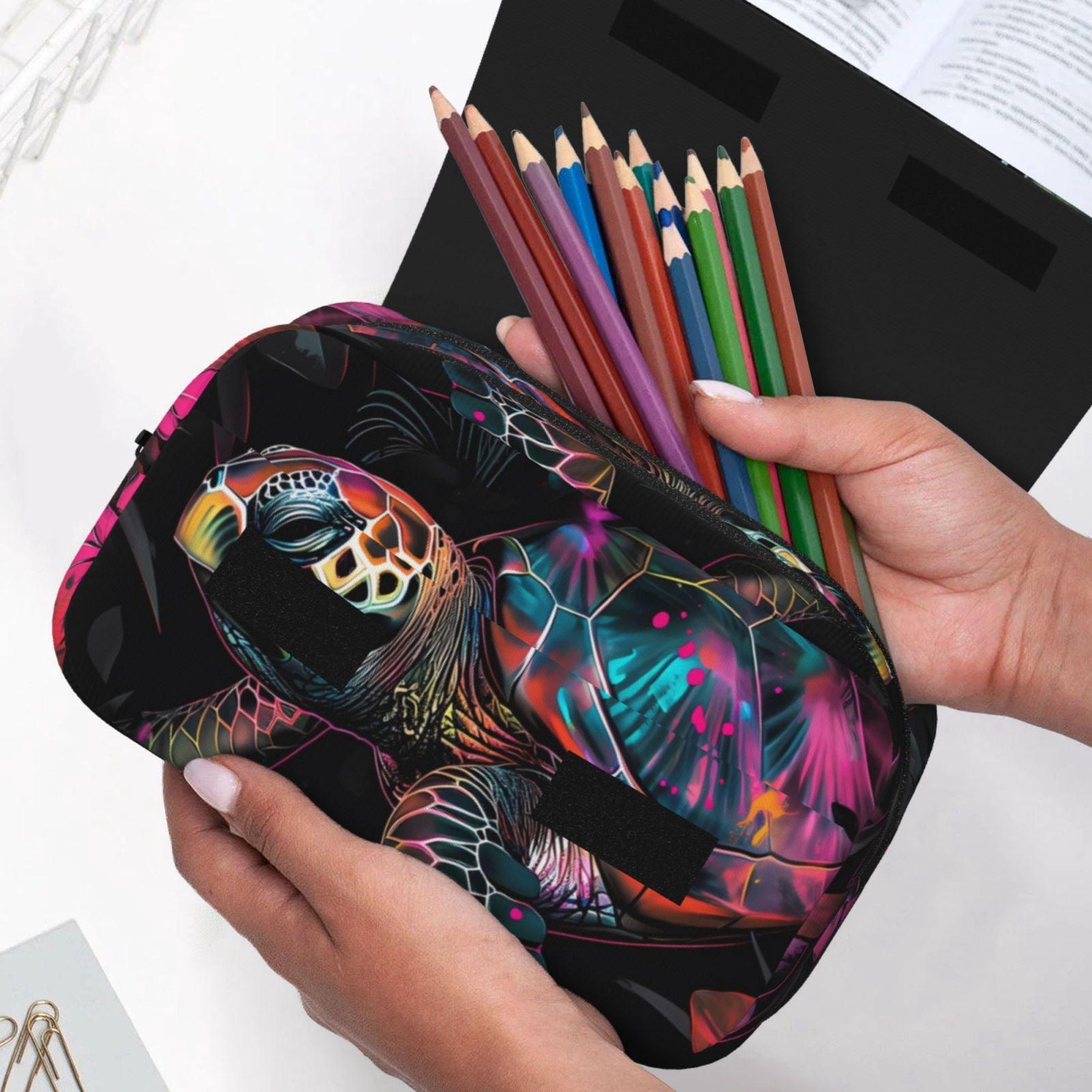 Rateoe Colorful Plant Turtle A Pattern Double Clamshell Pen Case, Storage Organizer with Two Zipper Compartments– Holds Up to 50 Pencils & Pens