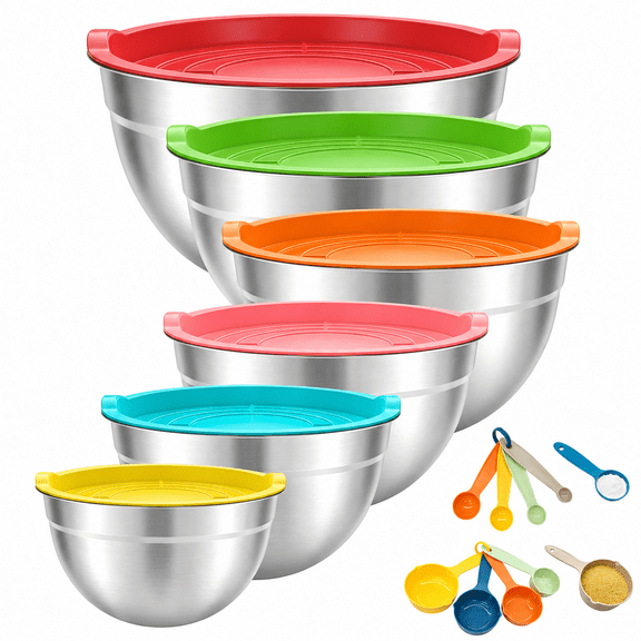 Jcaeh 16Pcs Stainless Steel Mixing Bowls Set with Lids, Nesting Metal Salad Bowls, Includes Kitchen Gadgets, 4.5/3/2.5/2/1.5/0.75QT, Fit for Baking, Serving, Prep, Multicolor