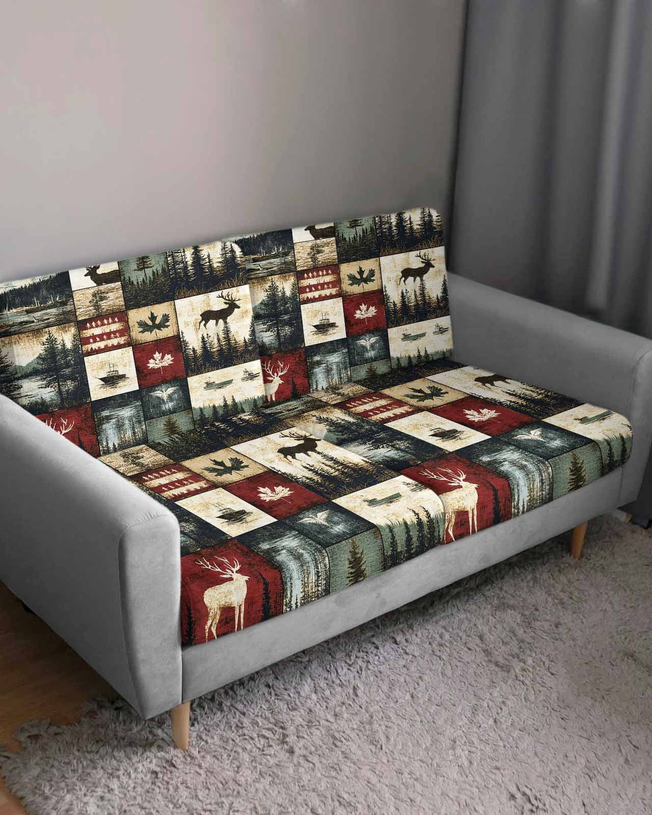 Rustic Forest Couch Cushion Covers Stretch, Washable Sofa Seat Covers Individual Seat Cushion Sofa Slipcovers Reindeer Pine Tree Nautical Boat Retro Couch Cover Furniture Protector S-1PCS