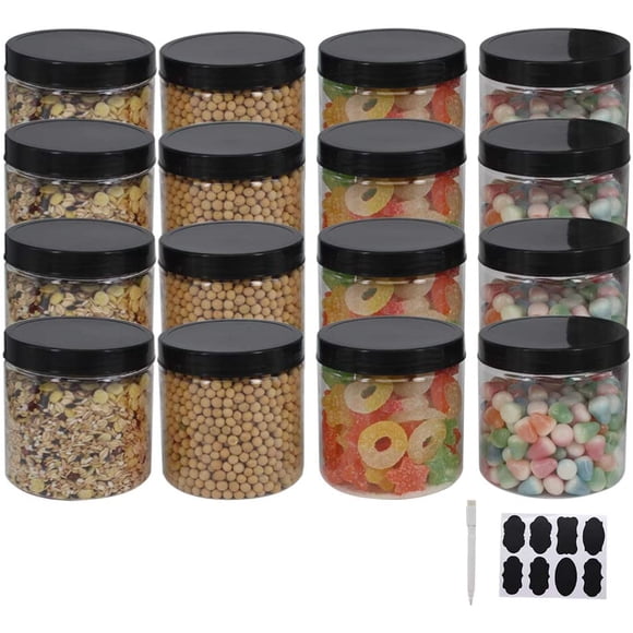 ZMYBCPACK Lot de 12 Pots en Plastique de 16 oz avec Couvercles, Étiquettes Supplémentaires, 1 Stylo, Pot Scellé Transparent pour le Stockage des Aliments, Pot de Stockage à Grand Ouverture pour Aliments Secs, Arachides, Poudre, Cuisine et Artisanat