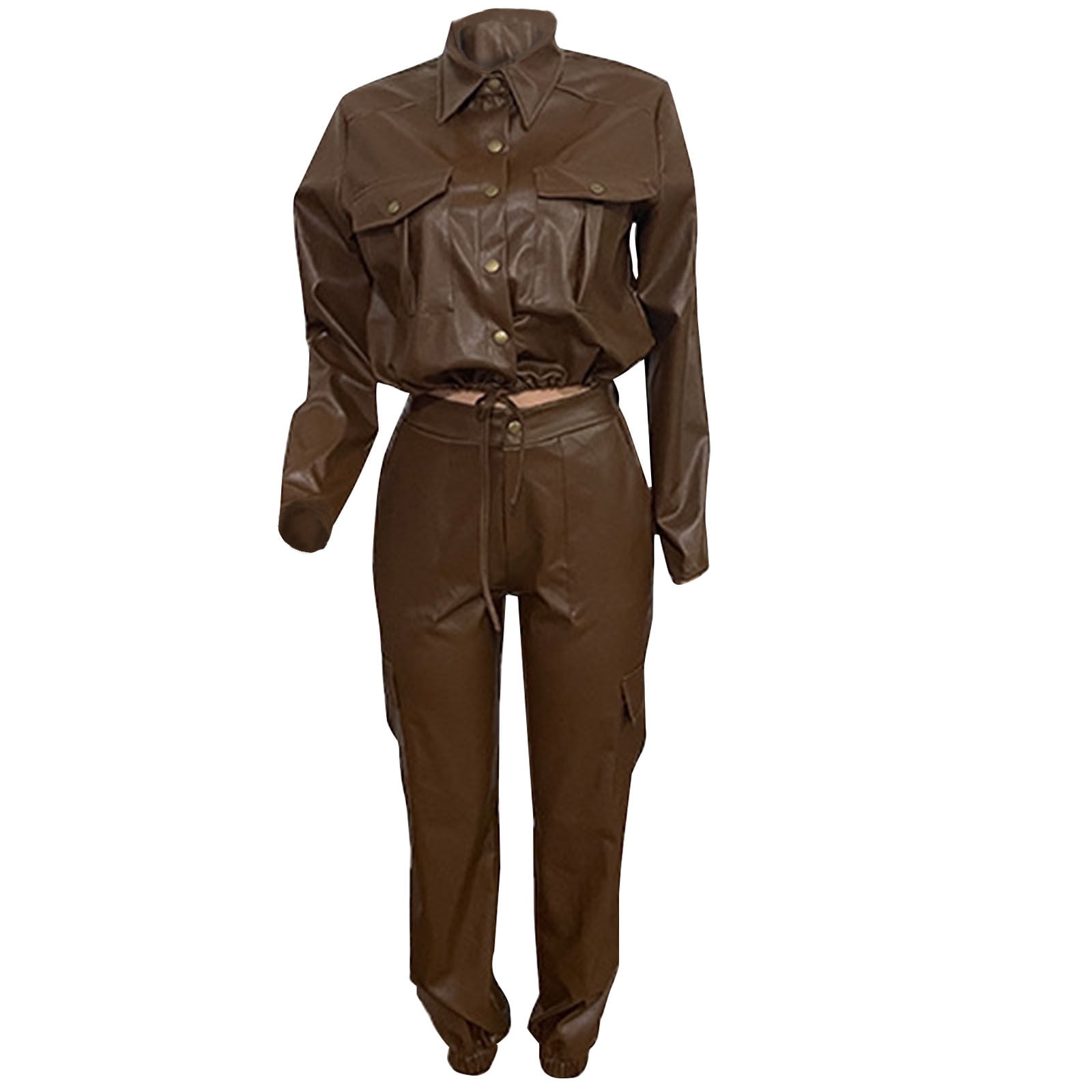 RQYYD Women's Faux Leather 2 Piece Outfits Button Up Pocket Lapel Jacket Top Baggy PU Leather Cargo Pant Set
