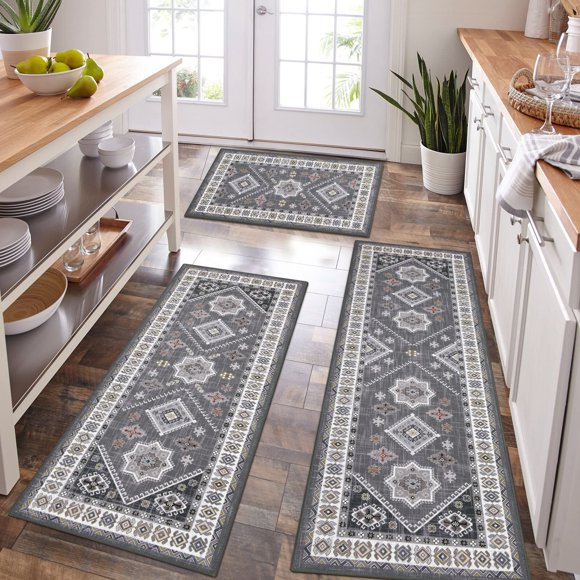 Juego de alfombras de cocina HEBE Boho de 3 piezas con alfombra antideslizante y lavable