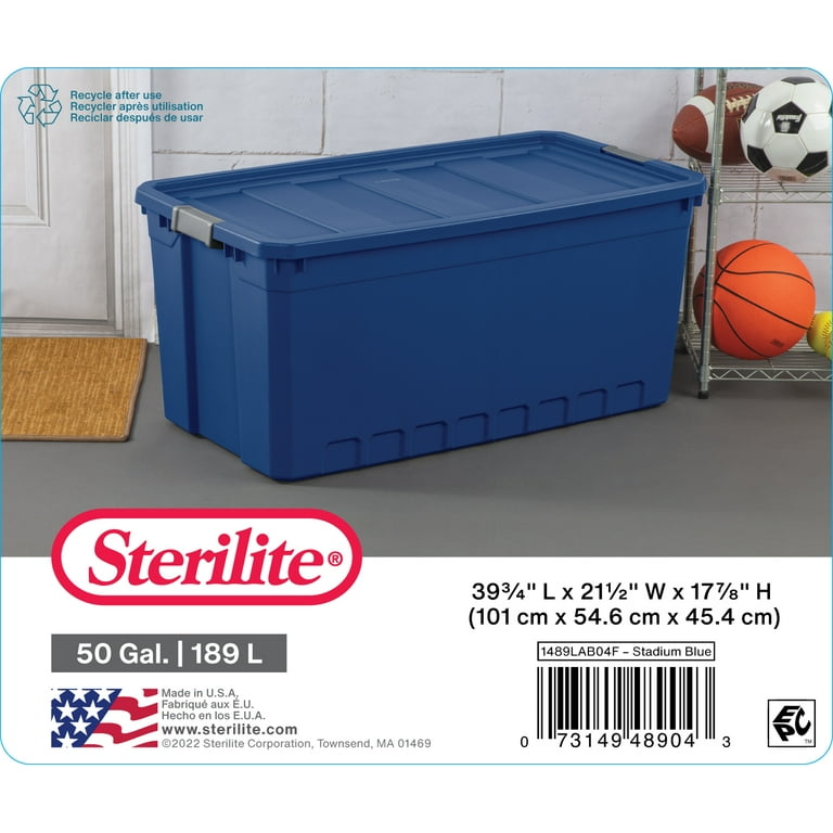 Sterilite 50 Gallon Plastic Stacker Tote Stadium Blue Adult