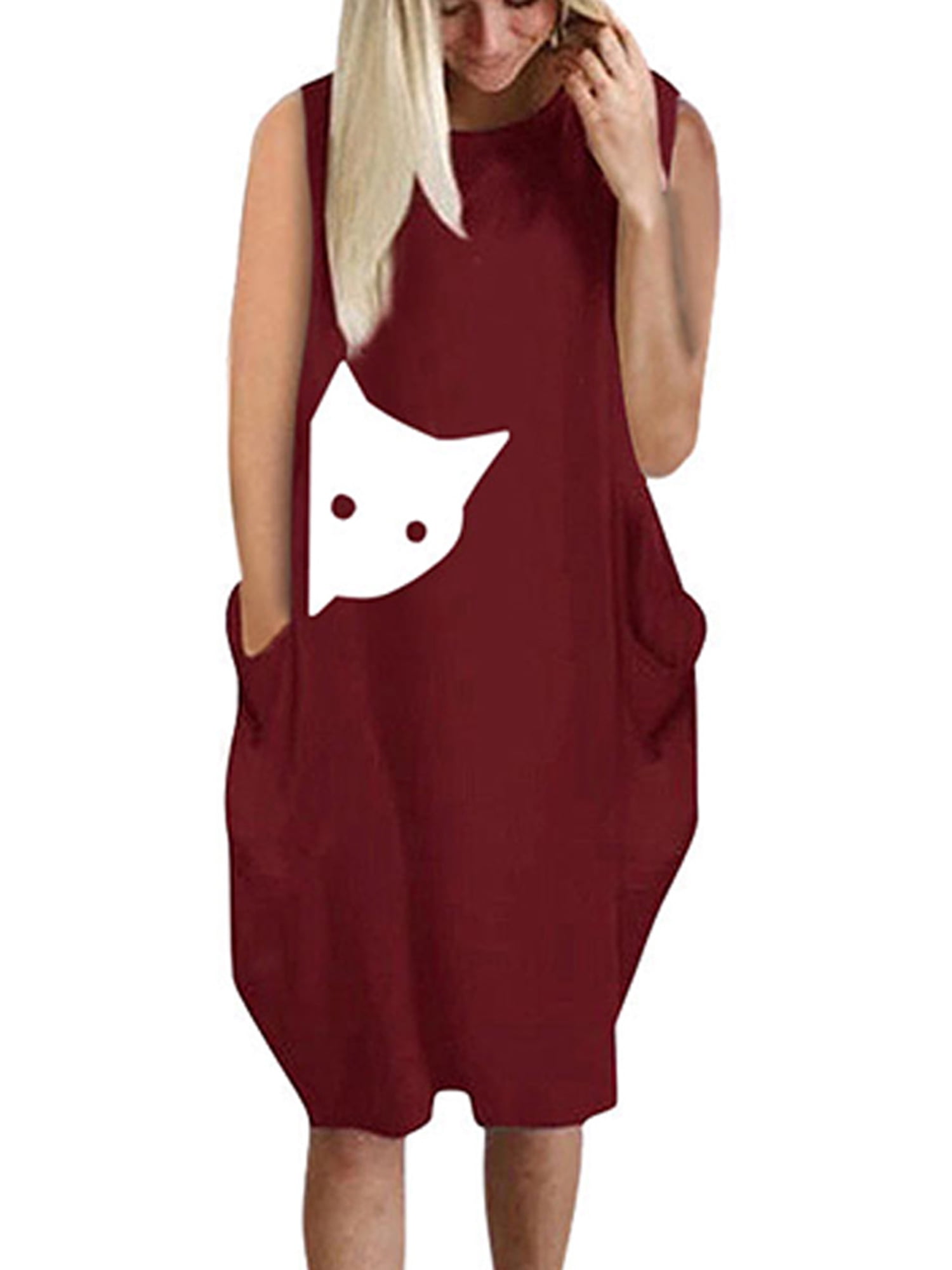 Plus Size Womens Cat Printed Sleeveless Midi Shirt Dress Casual Loose