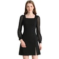 thumbnail image 1 of Unique Bargains Robe Mini à Manches Longues Bouffantes Fendue sur le Côté à Encolure Carrée pour Femmes, 1 of 5