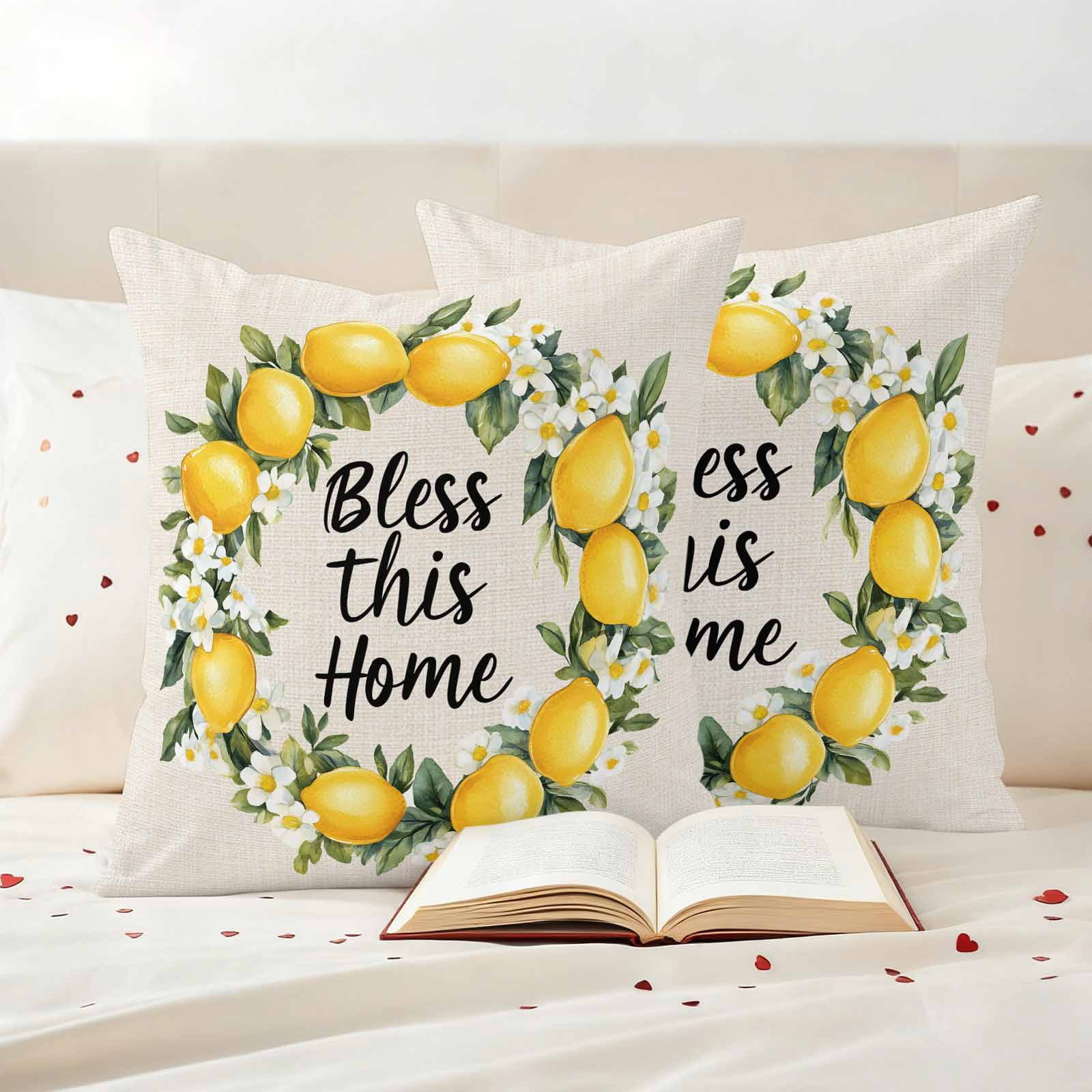 Country Bless This Home Pillow Covers 2 Pack Yellow Lemon Linen Texture Pillowcase Waterproof Outdoor Throw Pillow Cover for Patio Garden Square Cushion 24”x24”