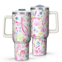 Pink Breast Cancer and Pioneer Flower Tumbler with Handle and Lid,40oz Double Wall Vacuum Insulated Tumbler,Cups Gift for Women and Men