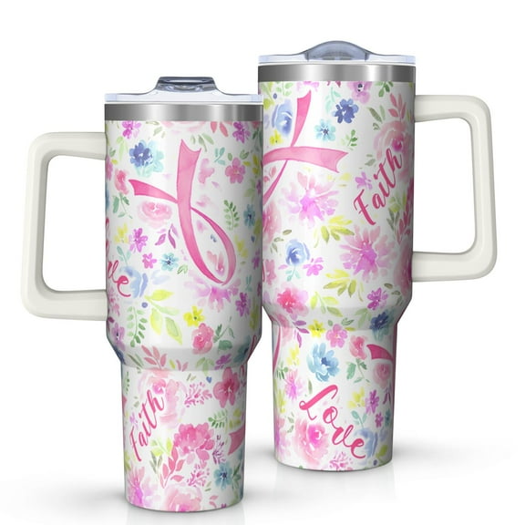 Pink Breast Cancer and Pioneer Flower Tumbler with Handle and Lid,40oz Double Wall Vacuum Insulated Tumbler,Cups Gift for Women and Men