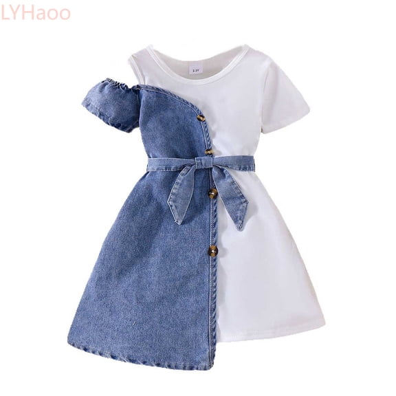 LYHaoo Stylish Girls Denim Dress With Short Sleeves And Layered Two Piece Featuring Asymmetrical Hem And Adjustable Waist Sash For Toddlers And，Little Girls Dresses Sizes 5 Years Blue