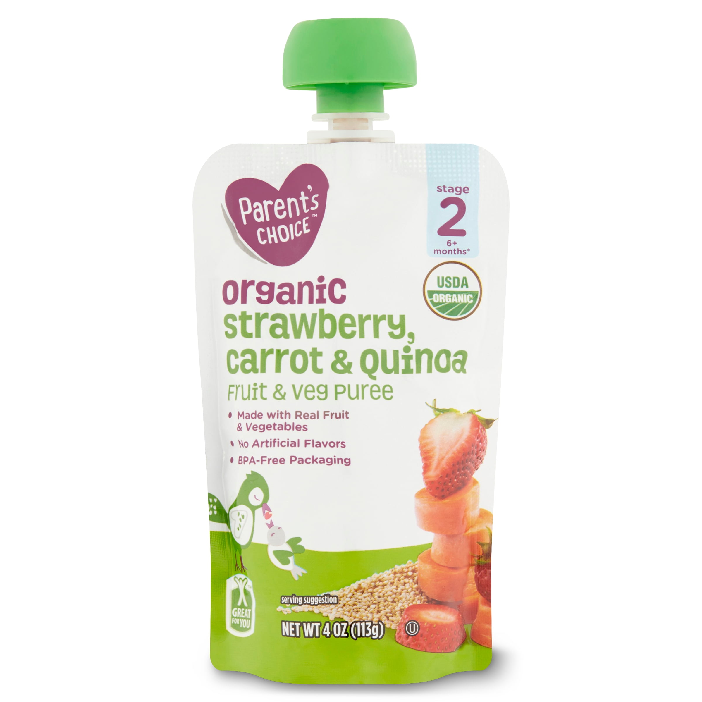 Parent's Choice 100% Organic Stage 2 Baby Food, Strawberry Carrot Quinoa, 4 oz Pouch