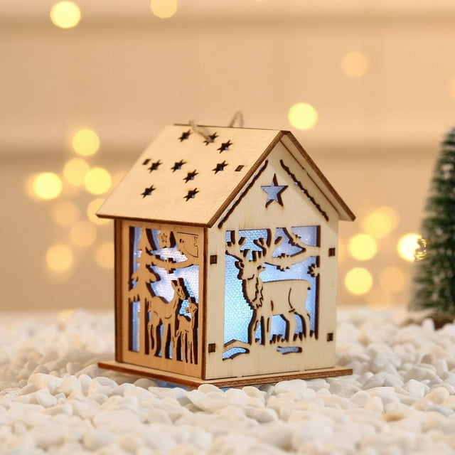 RV Adornos navideños Casa de madera resplandeciente de Navidad Decoración del árbol de Navidad (ciervo) brillar Electrónica