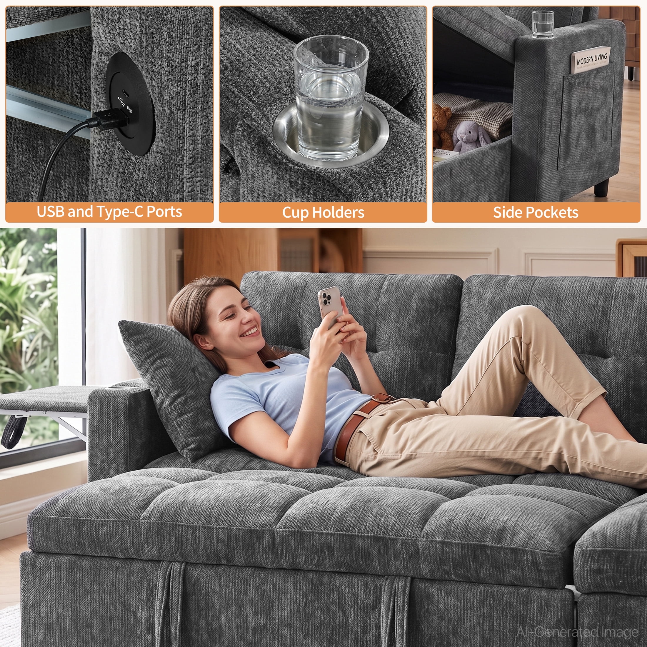 Aenkyo 108" Chenille U-Shaped Sectional Pull Out Sofa Bed with Dual Storage Chaises, Gray
