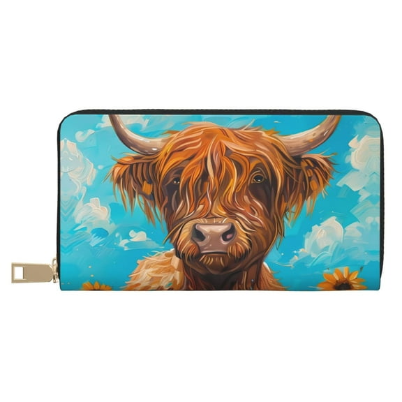 Leather Thin Slim Wallets for Women Men - Cute Cow Sunflowers Art Clutch Card Wallet for Women Men with Zipper