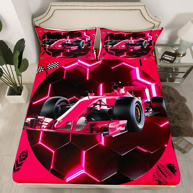 YST Race Car Bed Sheets Twin Neon Hot Pink Black Honeycomb Bedding Set For Kids Girls Teen,Racing Games Fitted Sheet Racing Helmet Wheel Checkered Flag Bed Sheet For All Season