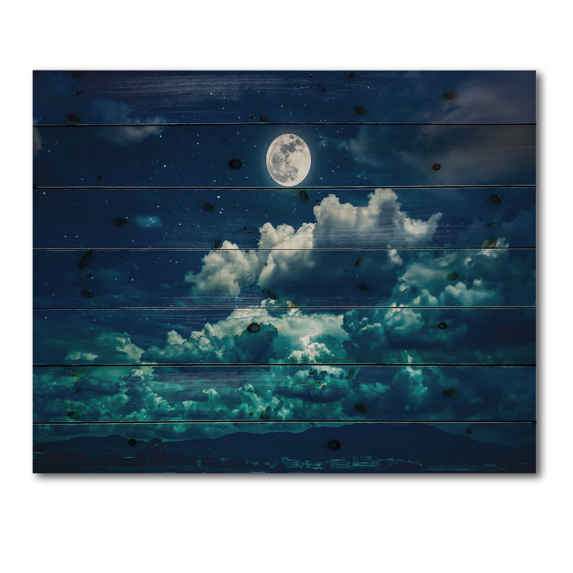 Designart 'Full Moon Night in Cloudy Sky II' Nautical & Coastal Print on Natural Pine Wood