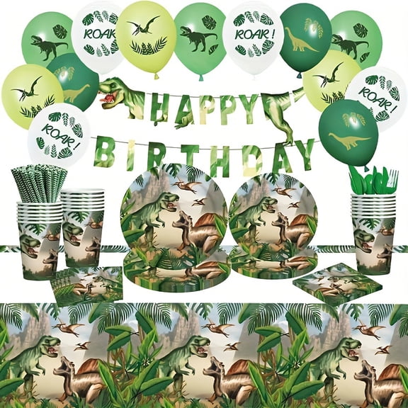 104 Pcs Dinosaur Birthday Decorations Party Supplies with Dinosaur Birthday Plates Paper Cups Table Cloths Napkins Tableware Pack Dino Banner for Dino Theme Party Plates Supplies Decorations