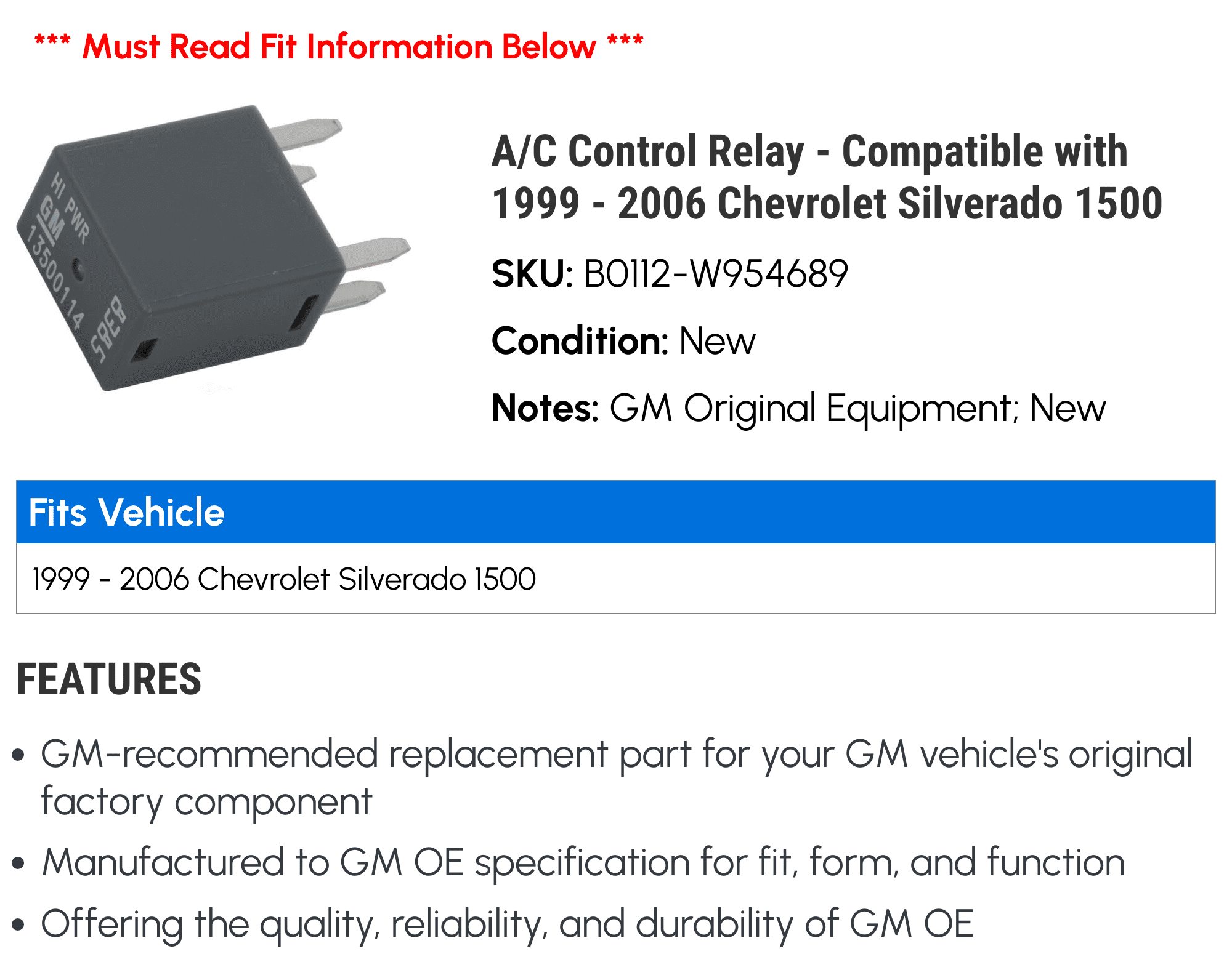 A/C Control Relay - Compatible with 1999 - 2006 Chevy Silverado 1500 2000 2001 2002 2003 2004 2005
