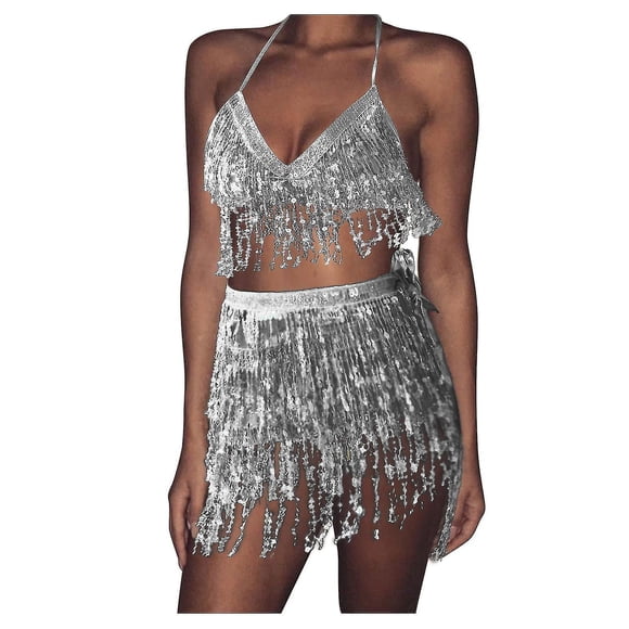Black Skirt Women Sequin Belly Costume Tassel Wrap Mini Club +vest Set