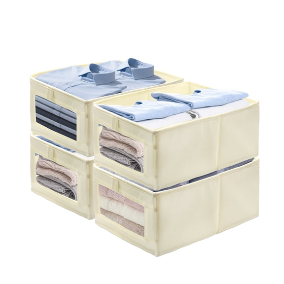 4 Packs Foldable Linen Closet Organizers and Storage with Mesh Window, Fabric Closet Storage Bins Basket Box for Clothes Shelves Drawer Book Towel Wardrobe Underwear Home Dorm Beige
