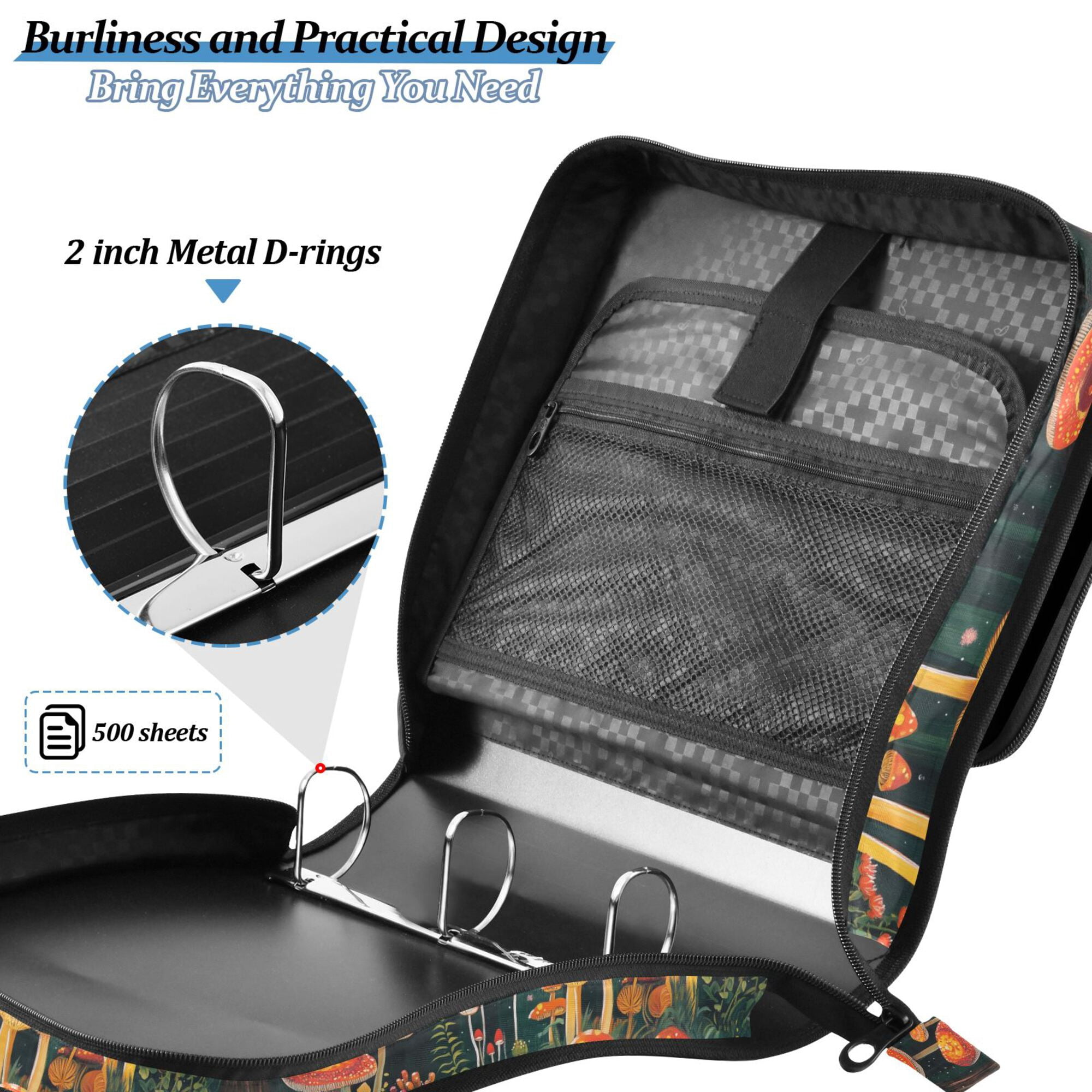 FORMRS Zipper Binder with Shoulder Strap 2-inch Ring 500 Sheet Capacity File Bag, Forest Mushroom