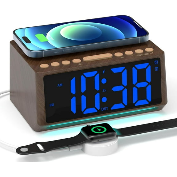 Retro Digital Alarm Clocks for Bedrooms with Large Numbers, Desk Clock with Wireless Charging Station, 7 Mood Lights, Dimmer, Snooze, 12/24H, Loud Alarm Clock for Heavy Sleepers Adults, Vintage Décor