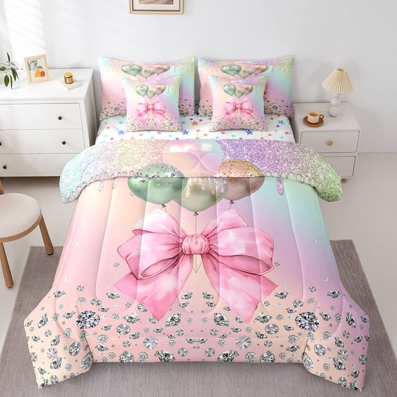 Erosebridal Cartoon Bow Tie Bedding Sets King Size,Sequin Print Bed in a Bag King size,Ultra Soft Reversible Bedding King Size,Glitter Decoration,7 Pieces