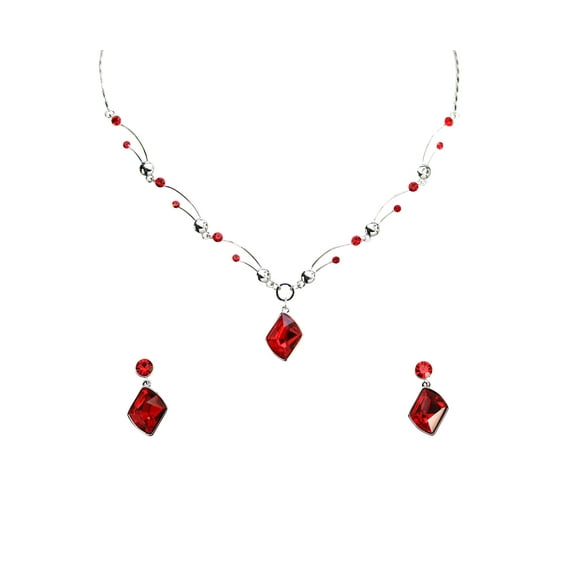Faship Gorgeous Red Premium Rhinestone Crystal Floral Necklace Earrings Set