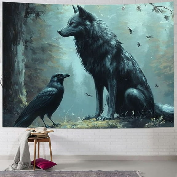Patifu Wolf Crow Forest Tapestry Wall Hanging Unique Style Graphic for Living Room Bedroom Home Decor Art Apartment Farmhouse Dorm 40x30inch