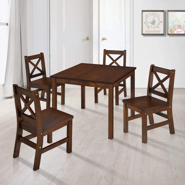 eHemco Solid Hard Wood Kids Table and XBack Chairs, Coffee, 5 Pieces