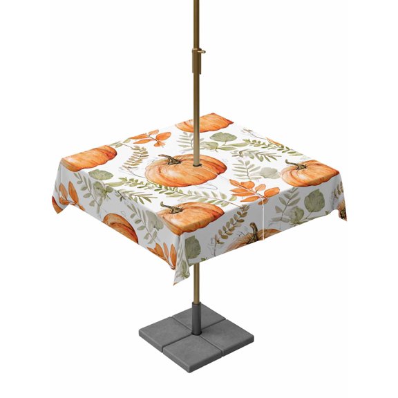 Outdoor Tablecloth with Umbrella Hole, Thanksgiving Orange Pumpkin Fall Maple Leaf Zippered Table Cloth for Rectangle Tables, Farm Foliage Seamless Washable Waterproof Tablecloths for Picnic Patio