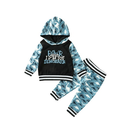 

Yinyinxull Autumn Infant Newborn Baby Boys Outfits Dinosaur Letter Print Long Sleeve Hooded Pullover + Pants Clothes Blue 12-18 Months