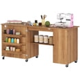 thumbnail image 1 of Folding Sewing Machine Table with Storage - Brown Wood Grain Craft Table for Home, Office & Small Spaces - Adjustable Shelf & Wheels, 1 of 7
