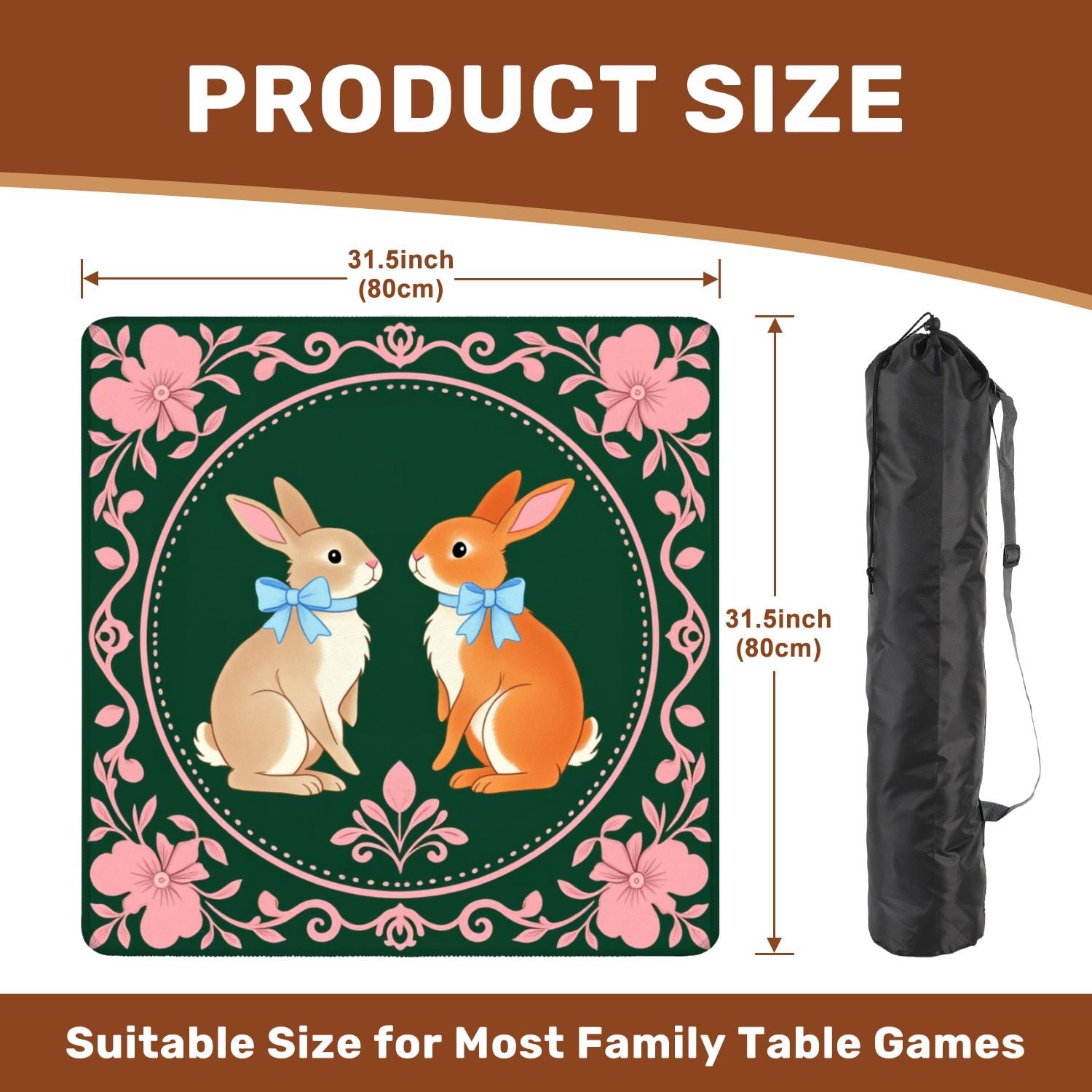 Mahjong Mat 31.5" x 31.5" Cute Pair Bunnies Blue Bows Surrounded by Floral Non-Slip Noise Reduction American Mahjong Tiles Table Cover for Dominoes Poker Card Board Games Gift