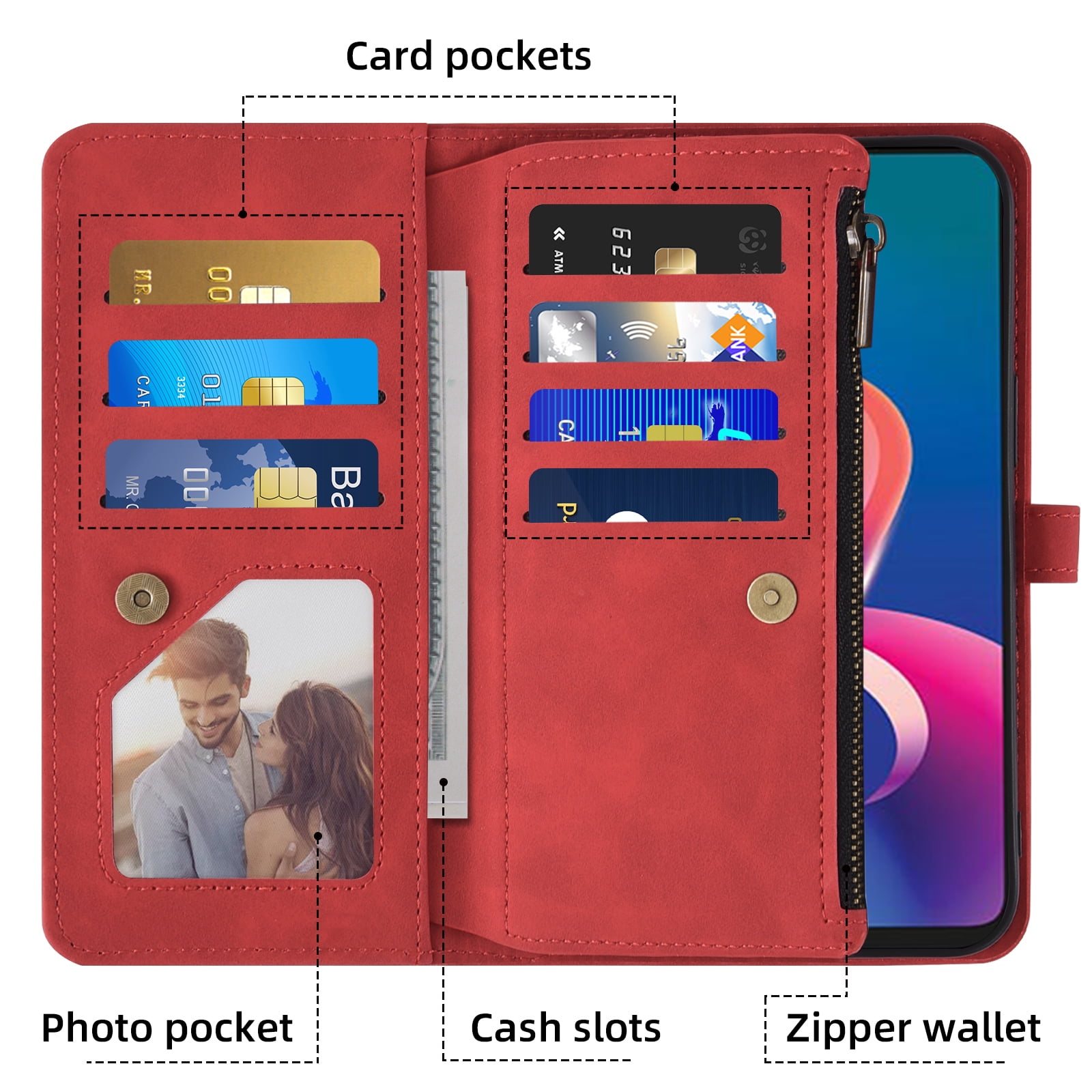 Asuwish Phone Case for TCL 50 XE/TLC 50XE NxtPaper 5G Wallet Cover With Tempered Glass Screen Protector Flip Pattern Zipper Credit Card Holder Stand Cell TCL50XE5G EX T614SP T614D T614WS Women Red