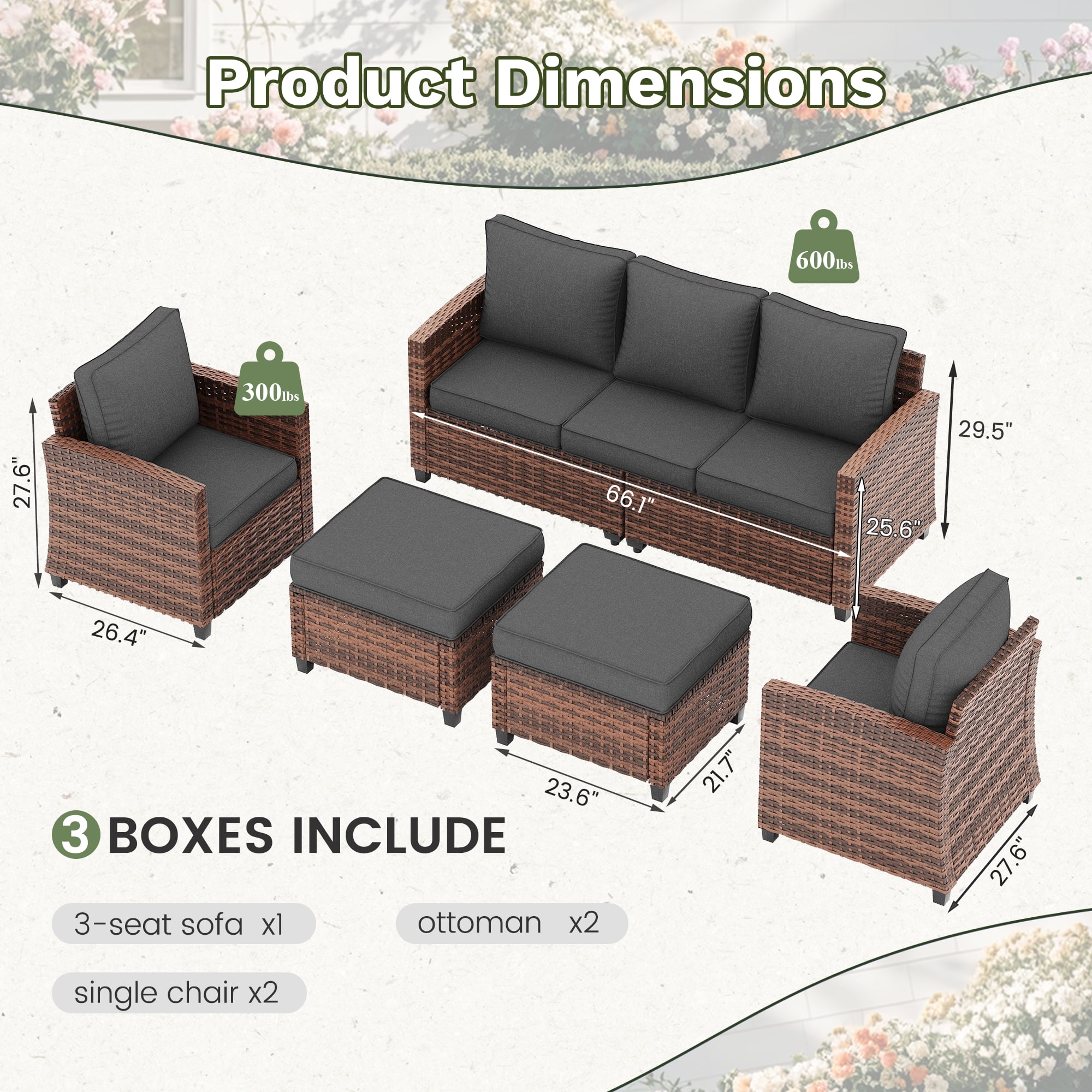 Poteban Patio Conversation Set, 5 Pieces Outdoor Furniture Set, All-Weather Wicker Rattan High Back Outdoor Sectional Sofa Set with Ottoman for Poolside, Backyard, Brown Wicker Dark Grey Cushions