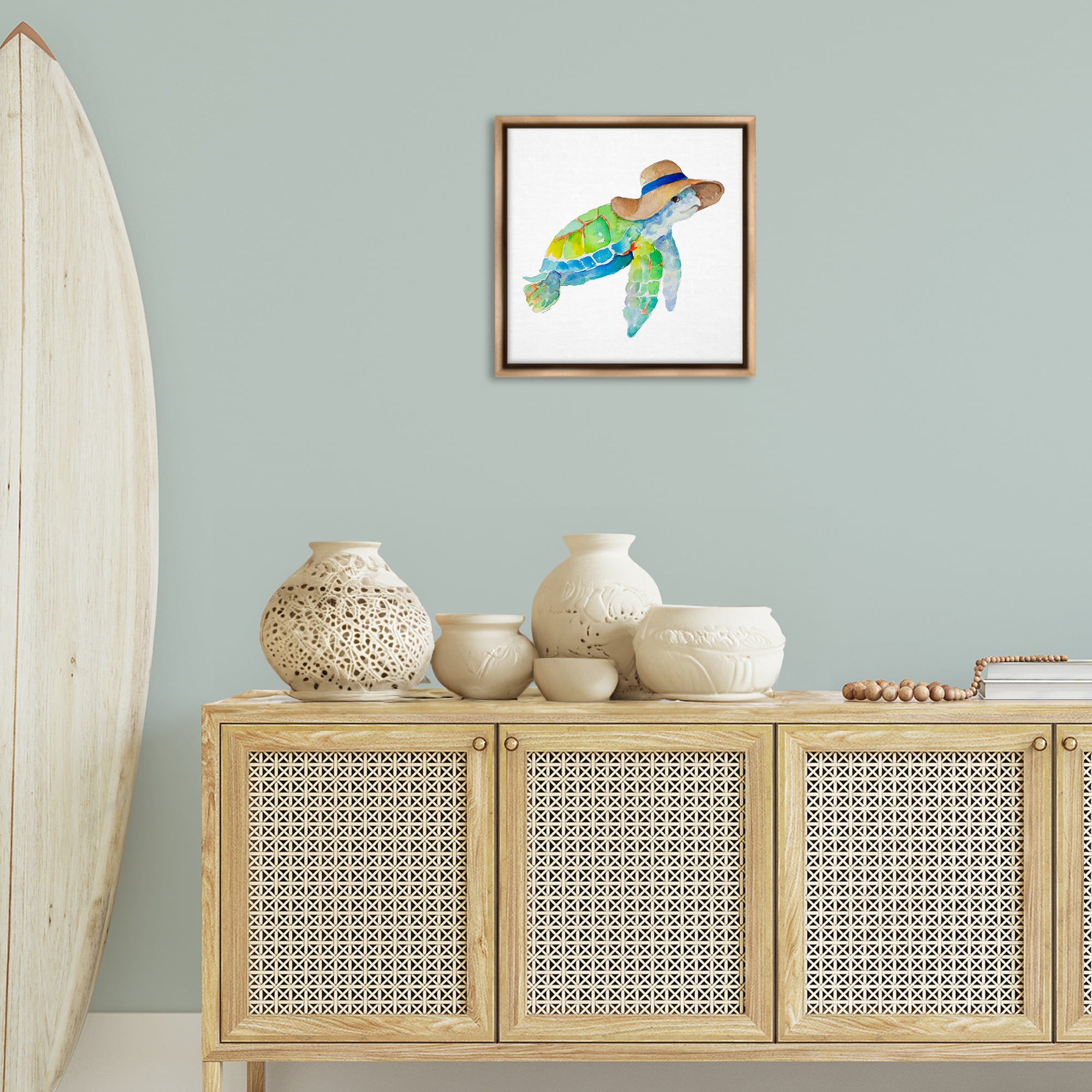 Stupell Industries Beach Ready Turtle Novelty Painting Brown Floater Framed Canvas Art Print Wall Art, 18 x 18